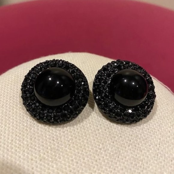 VTG ST. JOHN Round Black Rhinestone Button Stone EARRINGS - Picture 6 of 9